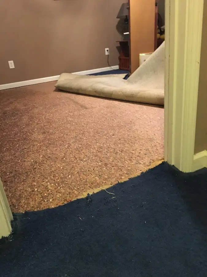 Carpet pad removal revealing water damage during Water Mitigation Services in Peppermill Village